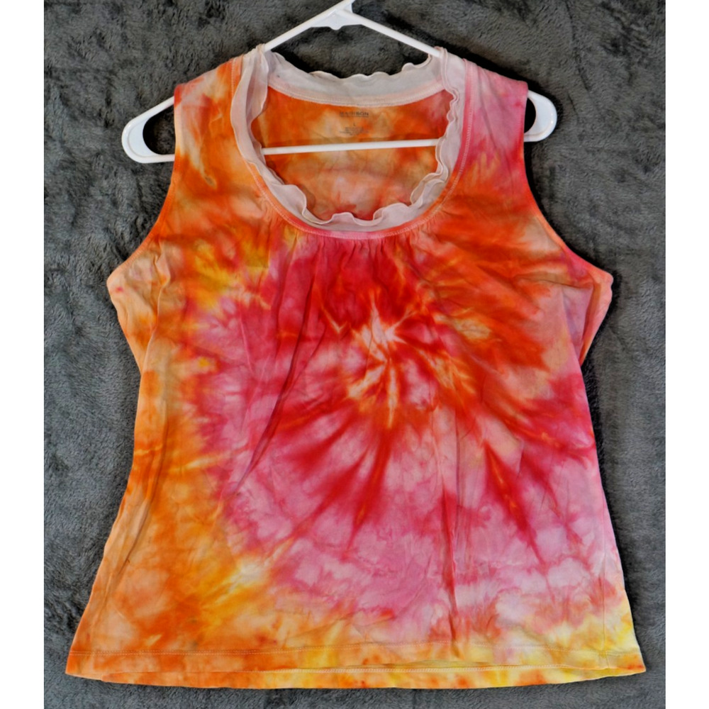 Madison Ruffle Neck Tank Top Large Tie‑Dye Pink‎ Orange Fire Swirl Artisan Dyed
